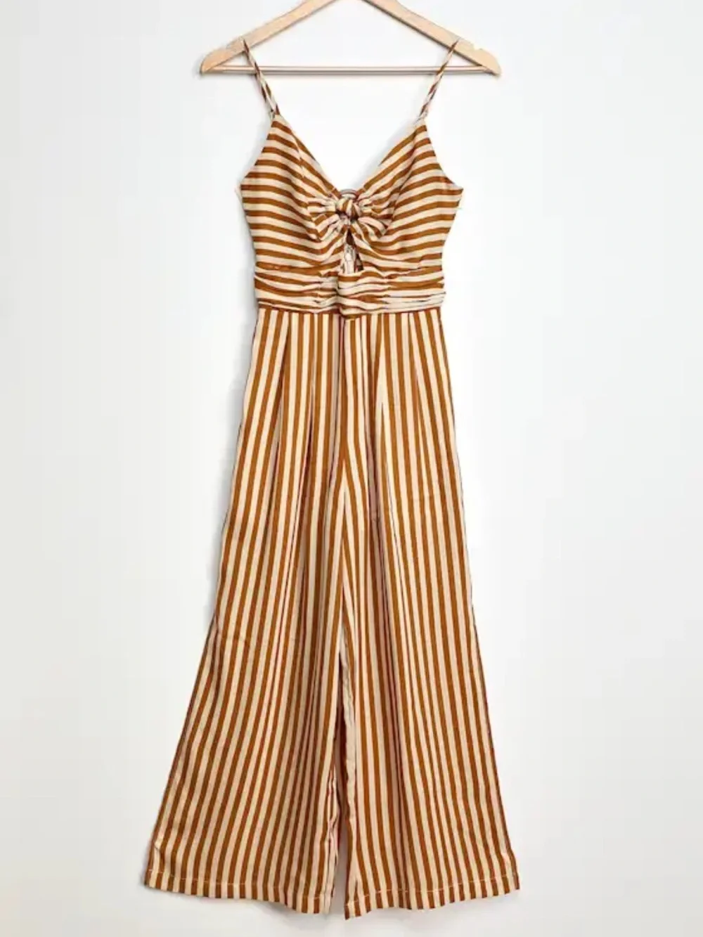Moon River Ettna Mustard Yellow Striped Cutout Front Wide-Leg Jumpsuit NEW Small